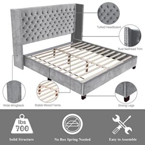 Nathaniel Home Aliyah Velvet Upholstered Platform Bed Deep Button Tufting Frame Bed with Wingback Headboard/Mattress Foundation/Wood Slat Support/No Box Spring Needed/Easy Assembly, Silver, King