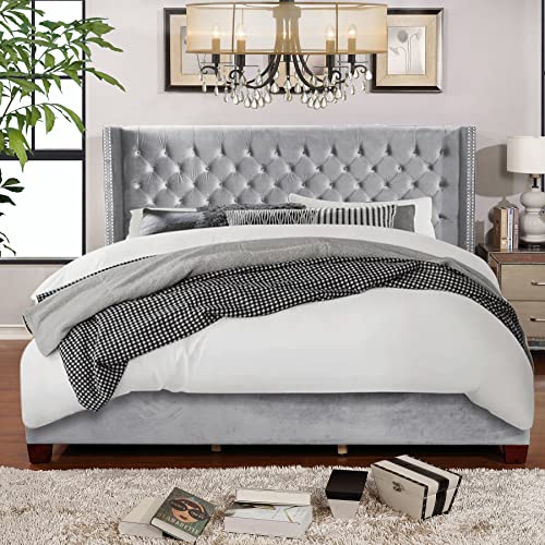 Nathaniel Home Aliyah Velvet Upholstered Platform Bed Deep Button Tufting Frame Bed with Wingback Headboard/Mattress Foundation/Wood Slat Support/No Box Spring Needed/Easy Assembly, Silver, King