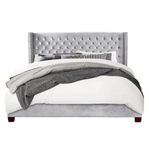 nhi express contemporary velvet upholstered deep button tufting solid frame platform bed with wood slats king/queen size, silver