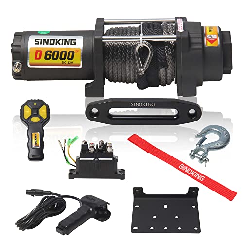 SINOKING 6000lb 12V Winch, UTV&ATV Winch with 1/4"× 49ft Synthetic Rope, Wired and Wireless Remote Control with Mounting Plate