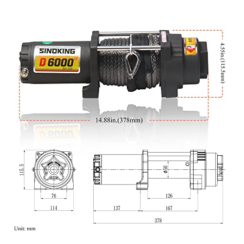 SINOKING 6000lb 12V Winch, UTV&ATV Winch with 1/4"× 49ft Synthetic Rope, Wired and Wireless Remote Control with Mounting Plate