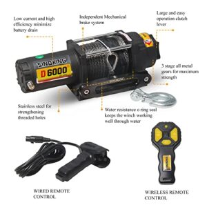 SINOKING 6000lb 12V Winch, UTV&ATV Winch with 1/4"× 49ft Synthetic Rope, Wired and Wireless Remote Control with Mounting Plate