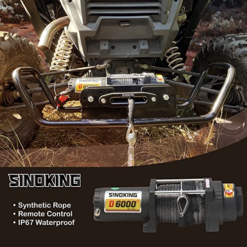 SINOKING 6000lb 12V Winch, UTV&ATV Winch with 1/4"× 49ft Synthetic Rope, Wired and Wireless Remote Control with Mounting Plate