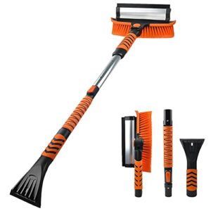 atdiag 41" snow brush and ice scraper for car windshield,270° pivoting brush head with squeegee,telescoping ice scraper, foam grip,3 in 1 extendable snow scraper and brush for car trucks suv, orange
