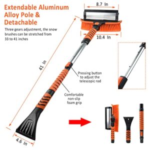 ATDIAG 41" Snow Brush and Ice Scraper for Car Windshield,270° Pivoting Brush Head with Squeegee,Telescoping Ice Scraper, Foam Grip,3 in 1 Extendable Snow Scraper and Brush for Car Trucks SUV, Orange