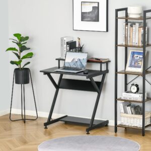 HOMCOM Industrial Computer Desk with Monitor Shelf, R Shaped Writing Table for Home Office, Black