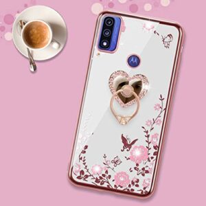 B-wishy for Motorola Moto G Pure Phone Case,Moto G Power 2022 Case for Women, Glitter Butterfly Heart Floral Slim TPU Protective Cover with Kickstand+Strap for Moto G Play 2023(Rose Gold)