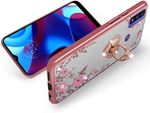 B-wishy for Motorola Moto G Pure Phone Case,Moto G Power 2022 Case for Women, Glitter Butterfly Heart Floral Slim TPU Protective Cover with Kickstand+Strap for Moto G Play 2023(Rose Gold)