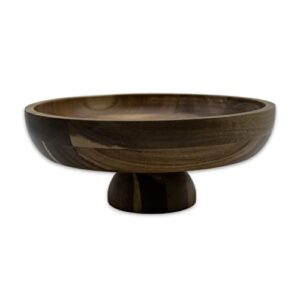 chloe and cotton | large 12-inch brown acacia wood bowl | kitchen counter fruit bowl | decorative pedestal bowl for entryway table decor