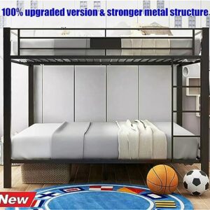 Ninowokc Latest Upgraded & Stronger Metal Queen Bunk Bed, Thicken Heavy Duty Steel Bunk Queen Bed Frame with Guardrails & Ladder for Kids Adults Teens Boys Girls, Easy to Assemble (Queen Over Queen)