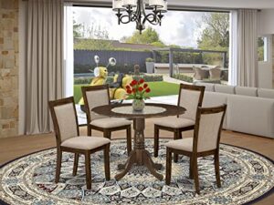 east west furniture dlmz5-awn-04 5 piece kitchen set for 4 includes a round room table with dropleaf and 4 light tan linen fabric parsons dining chairs, 42x42 inch