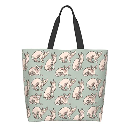 Qaxcdmky Hairless Naked Cats Sphynx Cats Pattern Tote Bag Large Shoulder Bag Casual Reusable Handbag For Women Shopping Grocery Work