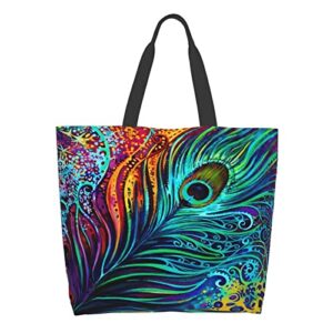 Qaxcdmky Peacock Feather Tote Bag Large Shoulder Bag Casual Reusable Handbag For Women Shopping Grocery Work