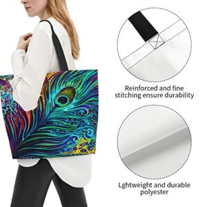 Qaxcdmky Peacock Feather Tote Bag Large Shoulder Bag Casual Reusable Handbag For Women Shopping Grocery Work