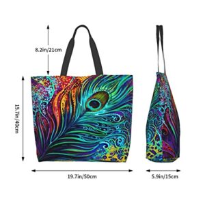 Qaxcdmky Peacock Feather Tote Bag Large Shoulder Bag Casual Reusable Handbag For Women Shopping Grocery Work