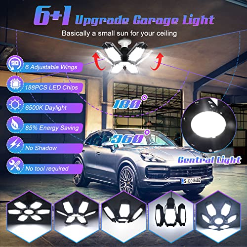 Amiluo 150W LED Garage Lights 2 Pack 15000LM Deformable Garage Ceiling Lighting Fixture Screw-in E26/E27 Garage Light Bulb with 6 Ultra Bright Led Panels LED Light for Attic Garage Basement Workshop