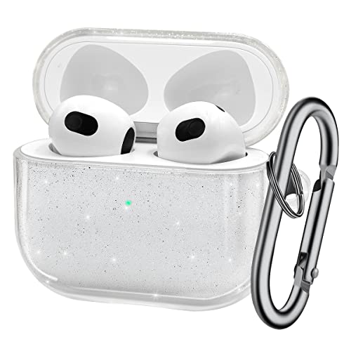 Fingic Compatible with AirPods 3 Case 2021, Full Body Protective Glitter Sparkle Shockproof Hard Cover with Keychain for AirPods 3rd Generation Charging Case - Clear/White