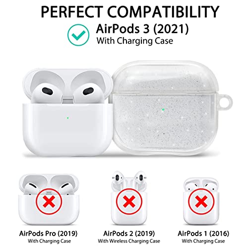 Fingic Compatible with AirPods 3 Case 2021, Full Body Protective Glitter Sparkle Shockproof Hard Cover with Keychain for AirPods 3rd Generation Charging Case - Clear/White