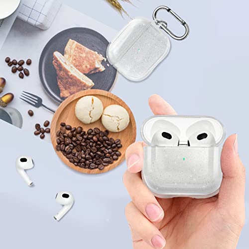 Fingic Compatible with AirPods 3 Case 2021, Full Body Protective Glitter Sparkle Shockproof Hard Cover with Keychain for AirPods 3rd Generation Charging Case - Clear/White