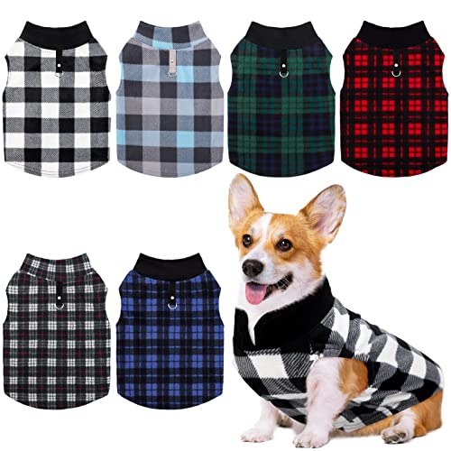 Pedgot 6 Pieces Dog Clothes Warm Dog Fleece Vest with Leash Ring Dog Sweatshirt Winter Pet Clothes Plaid Dog Pullover for Puppy Small Dogs Cat, Large