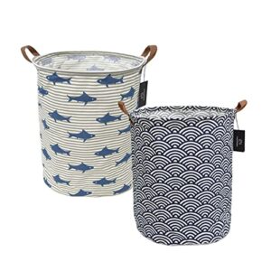 collapsible laundry basket - godenmoning 2x 62.8l large sized round waterproof storage bin with leather handles,home decor,toy organizer,children nursery hamper.（2 packs，grey striped shark & blue wave）