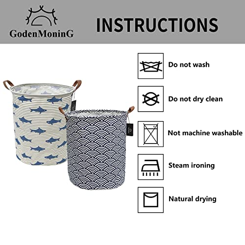 Collapsible Laundry Basket - GodenMoninG 2X 62.8L Large Sized Round Waterproof Storage Bin with Leather Handles,Home Decor,Toy Organizer,Children Nursery Hamper.（2 PACKS，Grey Striped Shark & Blue Wave）