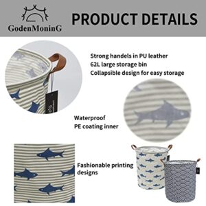 Collapsible Laundry Basket - GodenMoninG 2X 62.8L Large Sized Round Waterproof Storage Bin with Leather Handles,Home Decor,Toy Organizer,Children Nursery Hamper.（2 PACKS，Grey Striped Shark & Blue Wave）