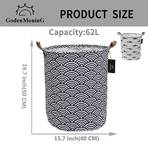 Collapsible Laundry Basket - GodenMoninG 2X 62.8L Large Sized Round Waterproof Storage Bin with Leather Handles,Home Decor,Toy Organizer,Children Nursery Hamper.（2 PACKS，Grey Striped Shark & Blue Wave）