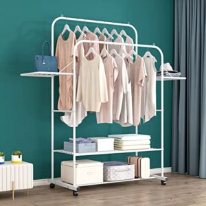 stoncel clothing rack with shelves, portable garment rack on wheel, double rails rolling clothes rack for hanging clothes, 31.8 x 19.8 x 61.2 inches (white)