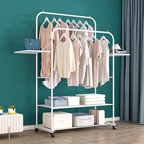 STONCEL Clothing Rack with Shelves, Portable Garment Rack on Wheel, Double Rails Rolling Clothes Rack for Hanging Clothes, 31.8 x 19.8 x 61.2 Inches (White)