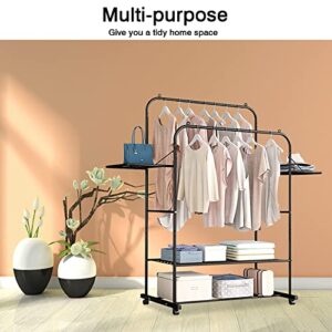 STONCEL Clothing Rack with Shelves, Portable Garment Rack on Wheel, Double Rails Rolling Clothes Rack for Hanging Clothes, 31.8 x 19.8 x 61.2 Inches (White)