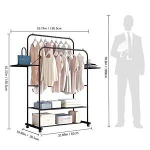 STONCEL Clothing Rack with Shelves, Portable Garment Rack on Wheel, Double Rails Rolling Clothes Rack for Hanging Clothes, 31.8 x 19.8 x 61.2 Inches (White)