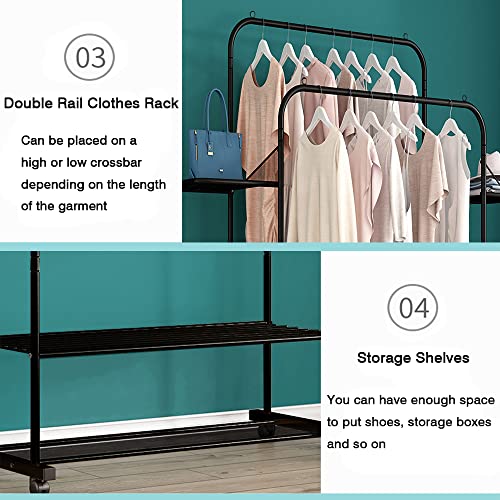 STONCEL Clothing Rack with Shelves, Portable Garment Rack on Wheel, Double Rails Rolling Clothes Rack for Hanging Clothes, 31.8 x 19.8 x 61.2 Inches (White)