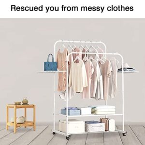 STONCEL Clothing Rack with Shelves, Portable Garment Rack on Wheel, Double Rails Rolling Clothes Rack for Hanging Clothes, 31.8 x 19.8 x 61.2 Inches (White)