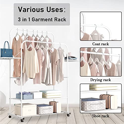 STONCEL Clothing Rack with Shelves, Portable Garment Rack on Wheel, Double Rails Rolling Clothes Rack for Hanging Clothes, 31.8 x 19.8 x 61.2 Inches (White)