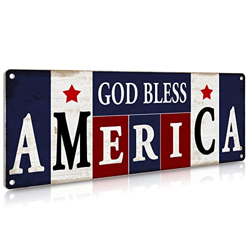 ALREAR God Bless America Metal Tin Signs Vintage Man Cave Bar Wall Decor USA American Flag Patriotic Gift, 16x6 Inch Aluminum