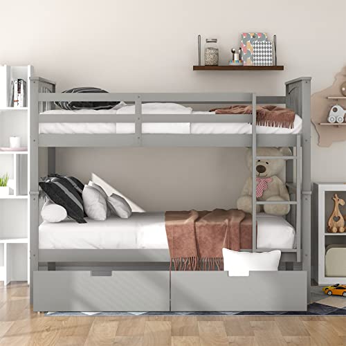 Full over Full Bunk Bed with Storage Drawers, Bunk Beds Full Over Full with Safety Rail and Ladder, Wood Full Bunk Bed for Adults, Kids, Teens No Box Spring Needed (Full, Grey)