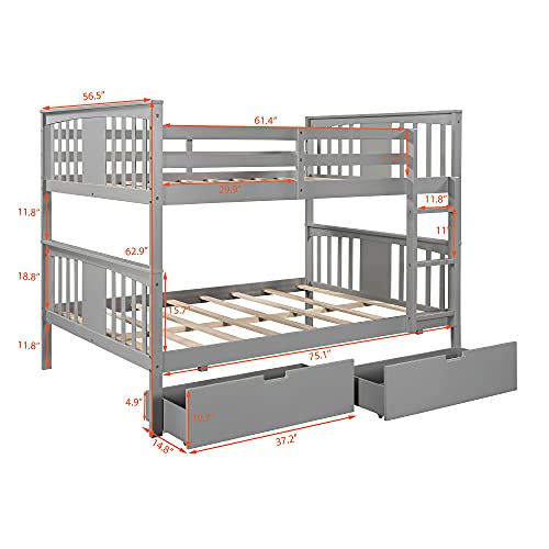 Full over Full Bunk Bed with Storage Drawers, Bunk Beds Full Over Full with Safety Rail and Ladder, Wood Full Bunk Bed for Adults, Kids, Teens No Box Spring Needed (Full, Grey)