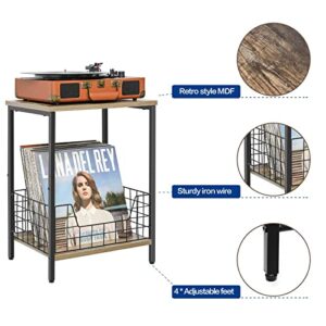 2-Tier Record Player Table, Industrial Retro Side Table Nightstand Small End Table for Living Room Bedroom Kitchen Office Small Spaces, Record Player Stand with Record Album Storage-Rustic Brown