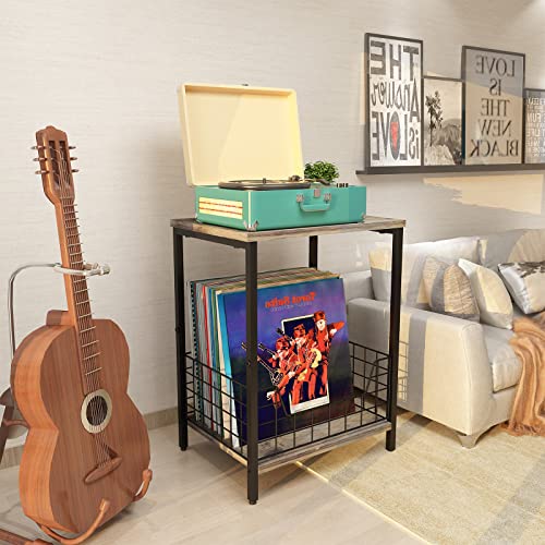 2-Tier Record Player Table, Industrial Retro Side Table Nightstand Small End Table for Living Room Bedroom Kitchen Office Small Spaces, Record Player Stand with Record Album Storage-Rustic Brown