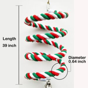 39'Bird Rope Perches(Xmas Edition) Birdcage Swing Toys 100% Cotton No Smell Peck/Chewing with Bell Climbing Standing Bungee Bird Toys for Small to Regular Size Parrot Cockatiel Birds (Size)