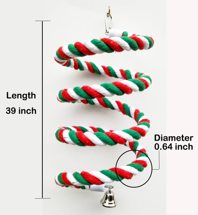 39'Bird Rope Perches(Xmas Edition) Birdcage Swing Toys 100% Cotton No Smell Peck/Chewing with Bell Climbing Standing Bungee Bird Toys for Small to Regular Size Parrot Cockatiel Birds (Size)