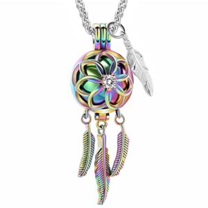 cremation jewelry dream catcher urn necklace for ashes for women men feather with angel wing keepsake memories hollow urn pendant for human pet ashes(colorful)