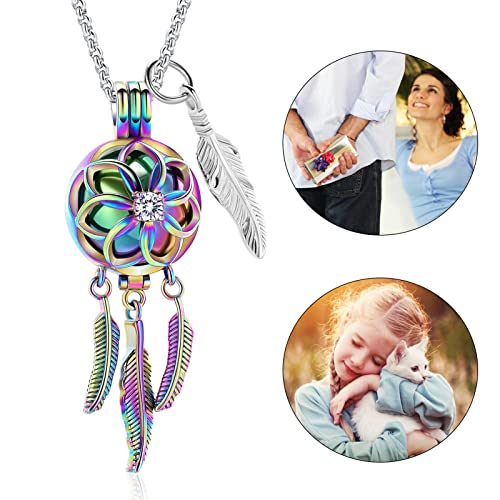 Cremation Jewelry Dream Catcher Urn Necklace for Ashes for Women Men Feather with Angel Wing Keepsake Memories Hollow Urn Pendant for Human Pet Ashes(Colorful)