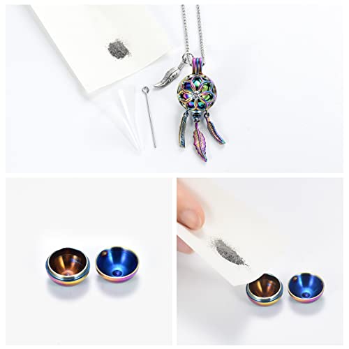 Cremation Jewelry Dream Catcher Urn Necklace for Ashes for Women Men Feather with Angel Wing Keepsake Memories Hollow Urn Pendant for Human Pet Ashes(Colorful)