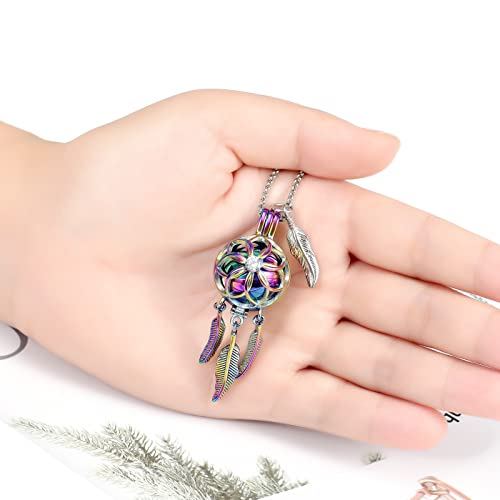 Cremation Jewelry Dream Catcher Urn Necklace for Ashes for Women Men Feather with Angel Wing Keepsake Memories Hollow Urn Pendant for Human Pet Ashes(Colorful)