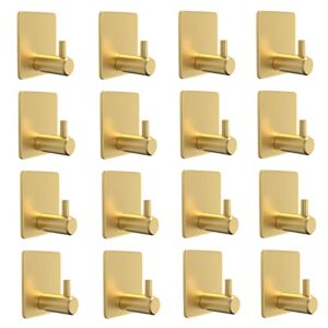 hufeeoh adhesive towel hooks, stick on hooks adhesive towel hanger for bathroom, bedroom, kitchen, restroom, hotel and wall mounted (16pc, gold)