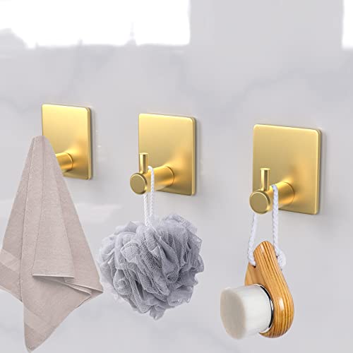 HUFEEOH Adhesive Towel Hooks, Stick on Hooks Adhesive Towel Hanger for Bathroom, Bedroom, Kitchen, Restroom, Hotel and Wall Mounted (16PC, Gold)