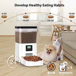 Automatic Cat Feeder, ZEALINNO 4L Pet Food Dispenser with Stainless Steel Bowl for Programmable Control 4 Meals Per Day and 10s Voice Recorder Timed Cat Feeder