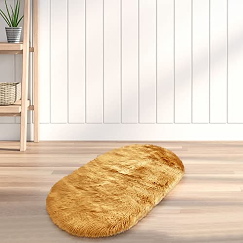 Iseuj Home 23 x 16inch Small Winter Faux Sheepskin Area Rugs Fluffy Artificial Fur Cozy Fuzzy for Bedroom Living Room, Rectangle (Gold)